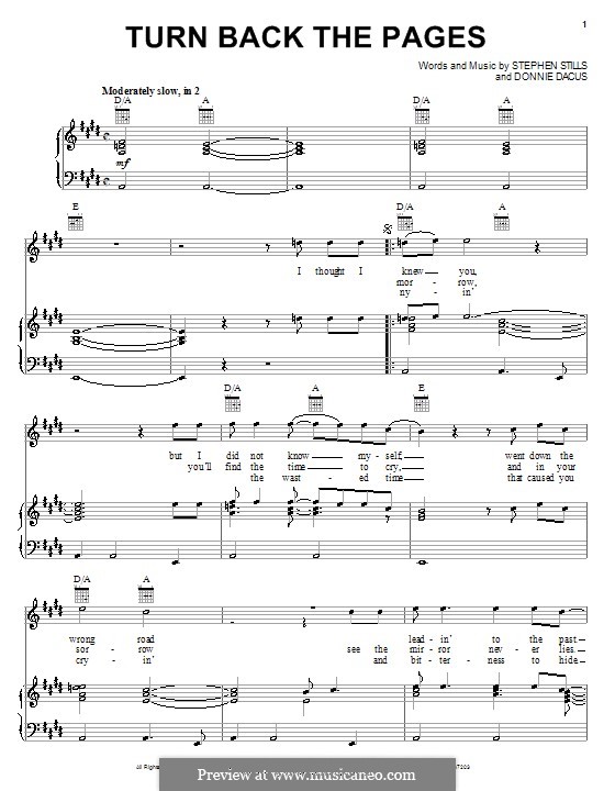 Turn Back the Pages (Crosby, Stills & Nash): For voice and piano (or guitar) by Donnie Dacus, Stephen Stills