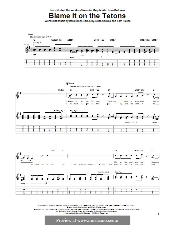 Blame It on the Tetons (Modest Mouse): For guitar with tab by Dann Gallucci, Eric Judy, Isaac Brock, Tom Peloso