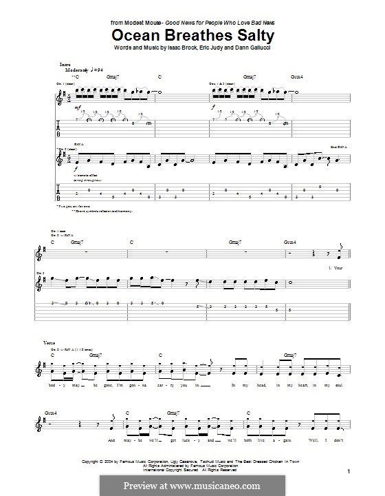 Ocean Breathes Salty (Modest Mouse): For guitar with tab by Dann Gallucci, Eric Judy, Isaac Brock