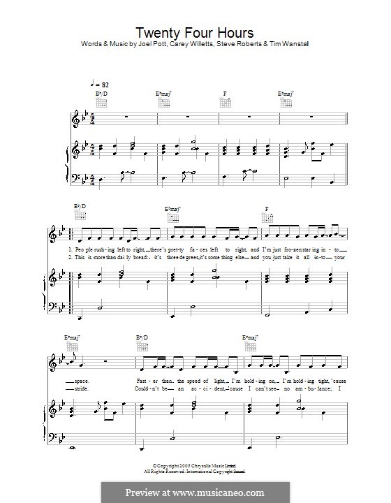 Twenty Four Hours (Athlete): For voice and piano (or guitar) by Carey Willetts, Joel Pott, Steven Roberts, Timothy Wanstall