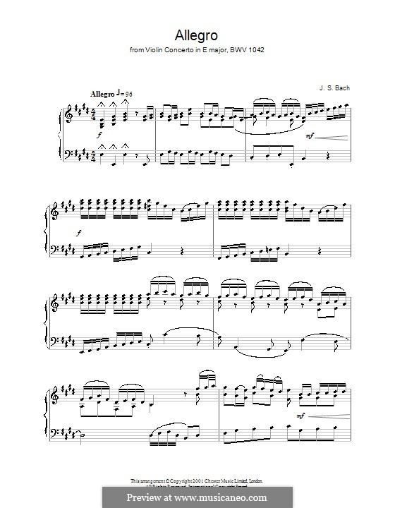 Concerto for Violin, Strings and Basso Continuo No.2 in E Major, BWV 1042: Movement I. Version for piano by Johann Sebastian Bach