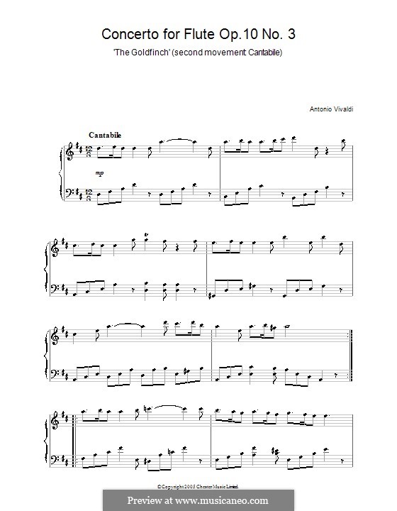 Six Flute Concertos for Flute, Strings and Cembalo, Op.10: Concerto No.3 in D major 'Il Cardellino' – Movement II. Version for piano, RV 428 by Antonio Vivaldi