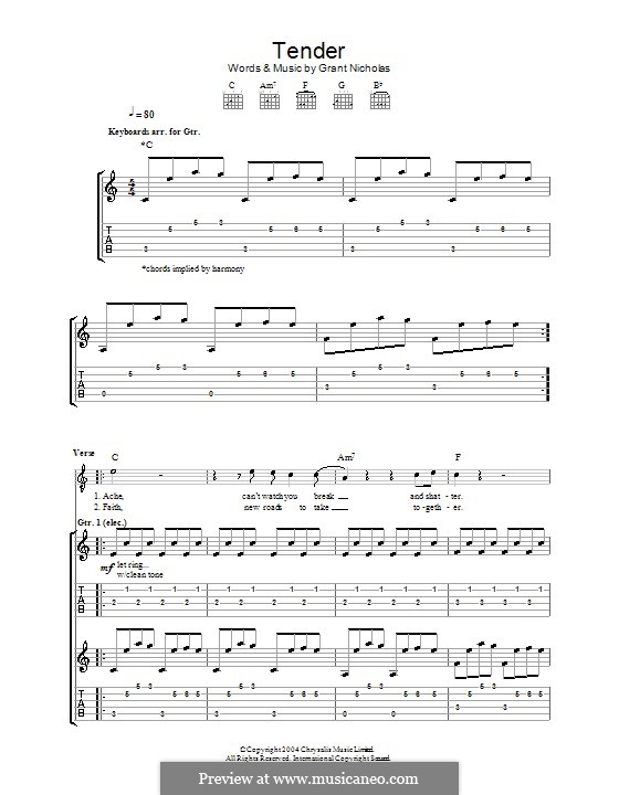 Tender (Feeder): For guitar with tab by Grant Nicholas