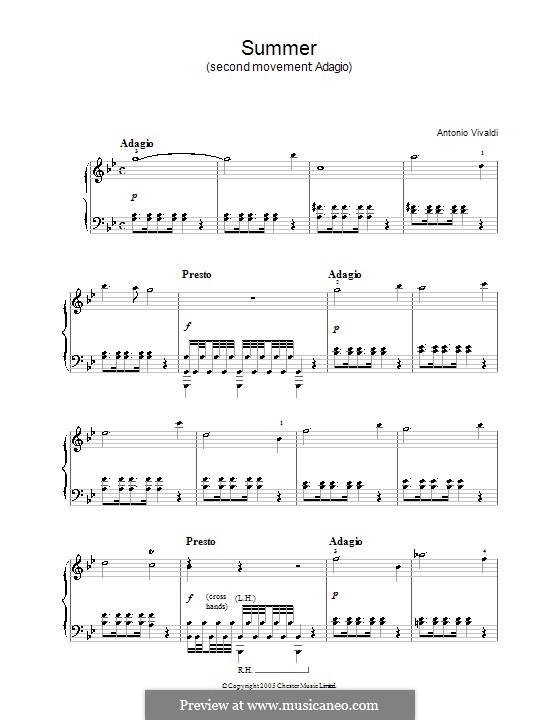 Violin Concerto No.1 in E Major 'La primavera' (Printable Scores), RV 269: Movement II. Arrangement for piano by Antonio Vivaldi