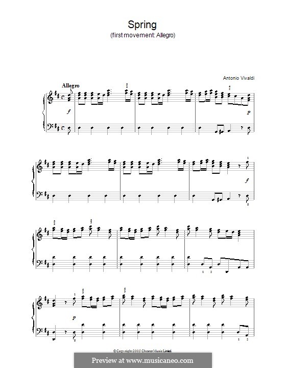 Violin Concerto No.1 in E Major 'La primavera' (Printable Scores), RV 269: Movement I. Version for piano by Antonio Vivaldi