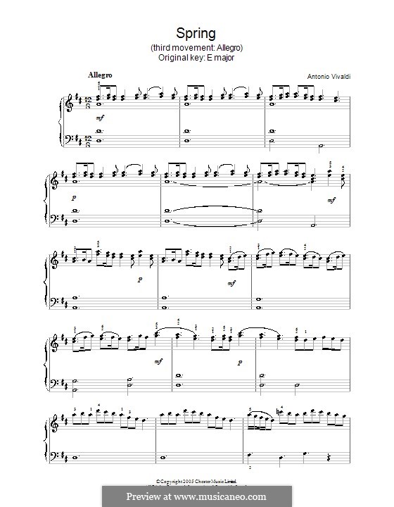 Violin Concerto No.1 in E Major 'La primavera' (Printable Scores), RV 269: Movement III. Arrangement for piano by Antonio Vivaldi