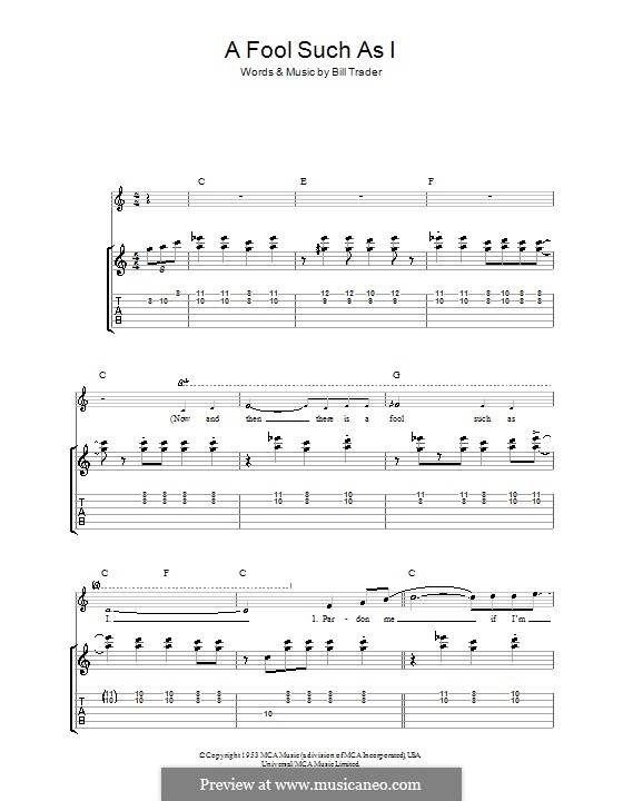 (Now and Then There's) A Fool Such as I (Elvis Presley): For guitar with tab by Bill Trader