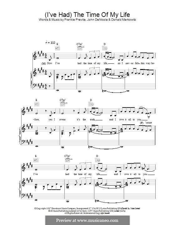 (I've Had) The Time of My Life (from Dirty Dancing): For voice and piano or guitar (Bill Medley and Jennifer Warnes) by Donald Markowitz, Franke Previte, John DeNicola