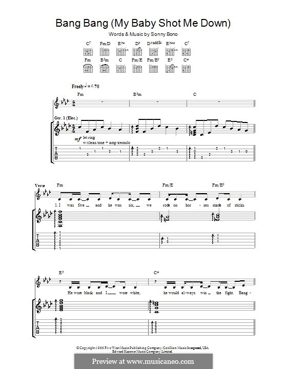 Bang Bang (My Baby Shot Me Down): For guitar with tab (Nancy Sinatra) by Sonny Bono
