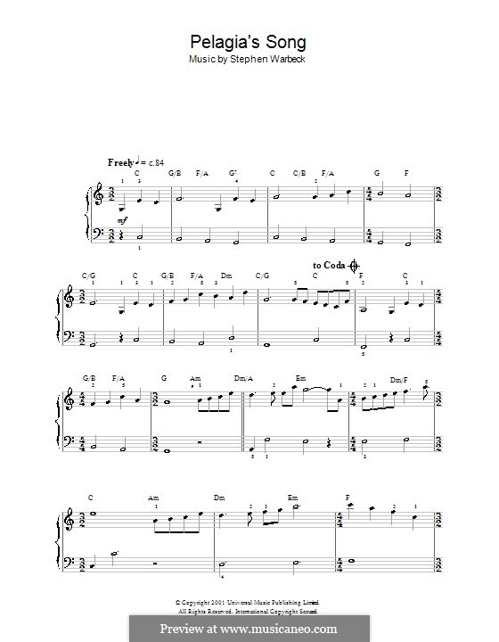 Pelagia's Song (from Captain Corelli's Mandolin): For easy piano by Stephen Warbeck