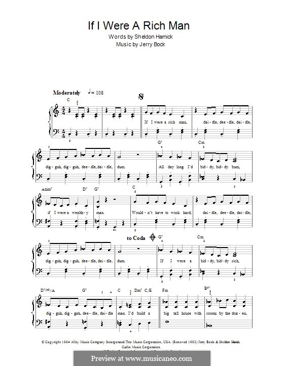 If I Were a Rich Man (from The Fiddler on the Roof): For easy piano by Jerry Bock