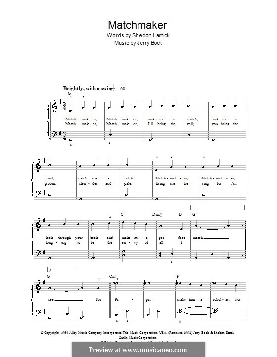 Matchmaker (from The Fiddler on the Roof): For easy piano by Jerry Bock