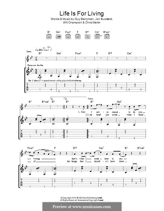 Life is for Living (Coldplay): For guitar with tab by Chris Martin, Guy Berryman, Jonny Buckland, Will Champion