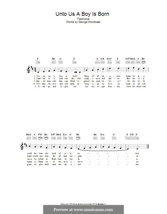 Unto Us a Boy Is Born: Melody line, lyrics and chords by folklore