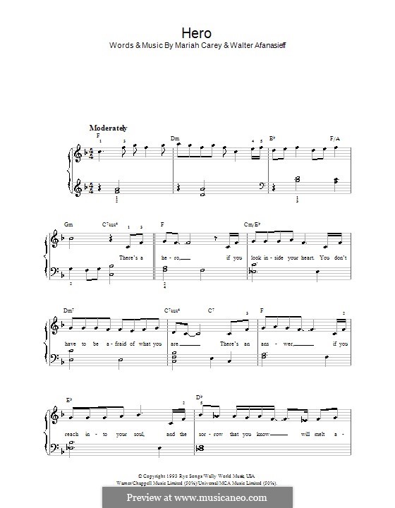 Hero: For easy piano by Mariah Carey, Walter Afanasieff
