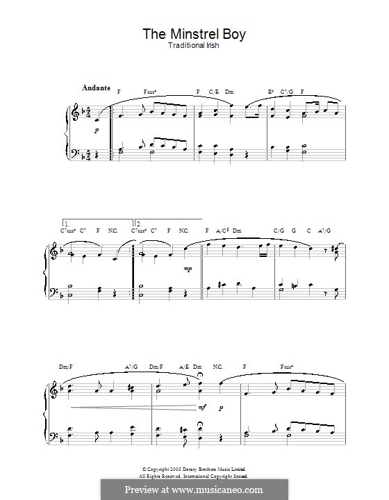 The Minstrel Boy (printable score): For piano by folklore