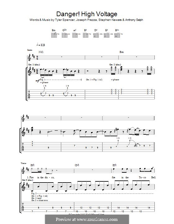 Danger! High Voltage (Electric Six): For guitar with tab by Anthony Selph, Joseph Frezza, Stephen Nawara, Tyler Spencer