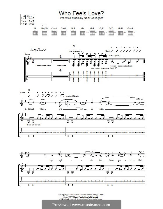 Who Feels Love? (Oasis): For guitar with tab by Noel Gallagher