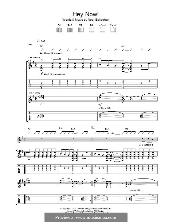Hey Now (Oasis): For guitar with tab by Noel Gallagher