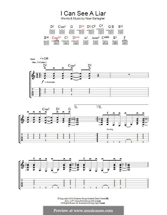 I Can See a Liar (Oasis): For guitar with tab by Noel Gallagher