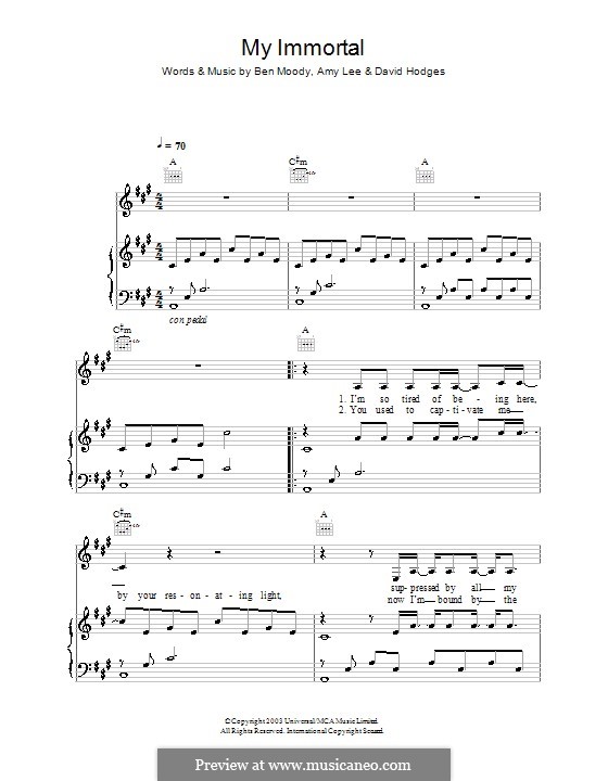My Immortal (Evanescence): For voice and piano (or guitar) by Amy Lee, Ben Moody, David Hodges