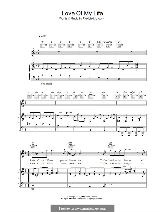 Love Of My Life" Sheet Music by Queen for Piano/Vocal/Chords