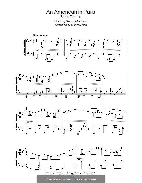 An American in Paris: Blues Theme, for piano by George Gershwin