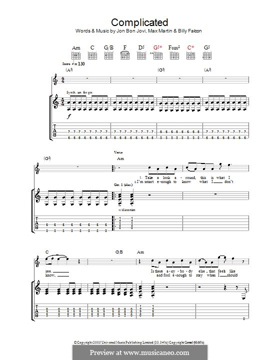 Complicated (Bon Jovi): For guitar with tab by Billy Falcon, Jon Bon Jovi, Max Martin