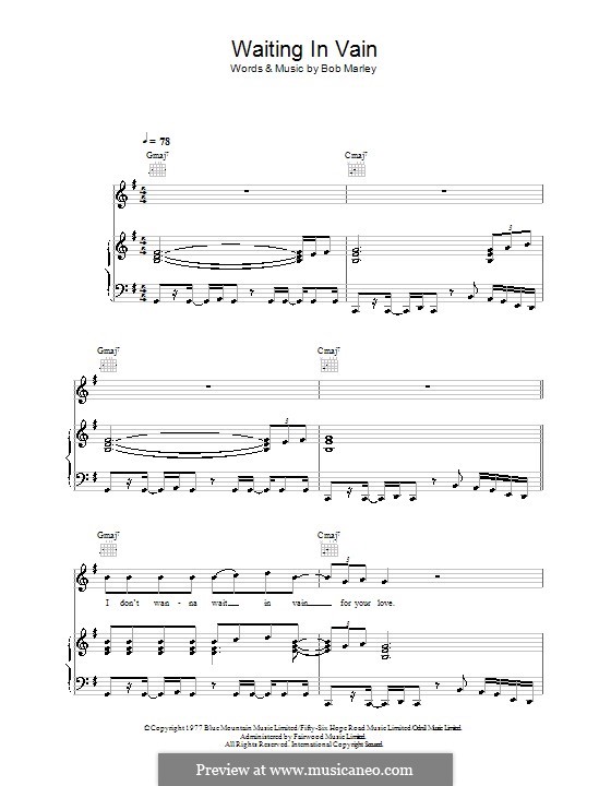 Waiting in Vain: For voice and piano (or guitar) by Bob Marley