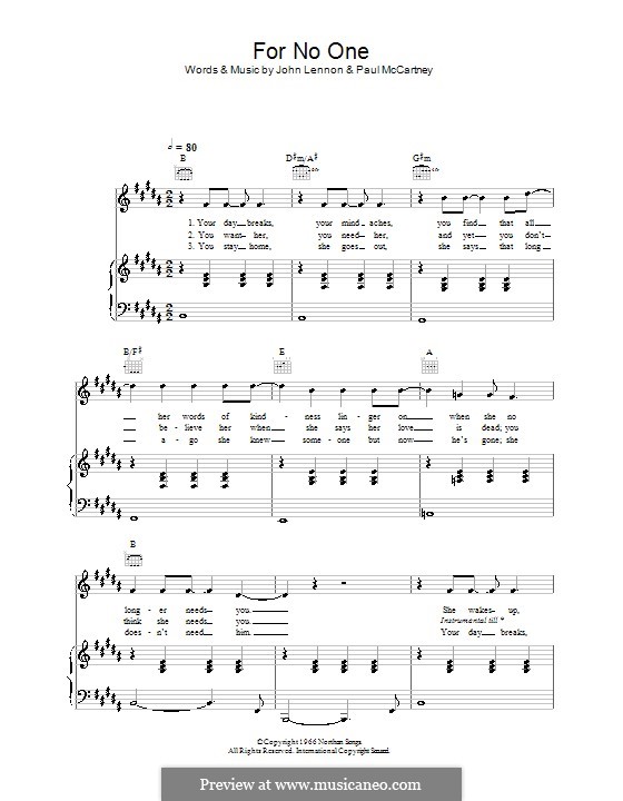 For no One (The Beatles): For voice and piano (or guitar) by John Lennon, Paul McCartney