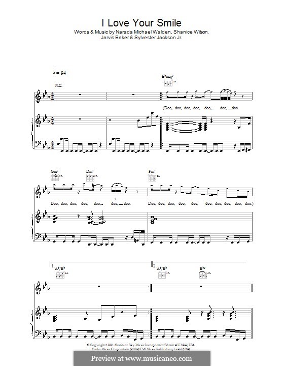 I Love Your Smile (Shanice): For voice and piano (or guitar) by Jarvis Baker, Narada Michael Walden, Shanice Wilson, Sylvester Jackson Jr.