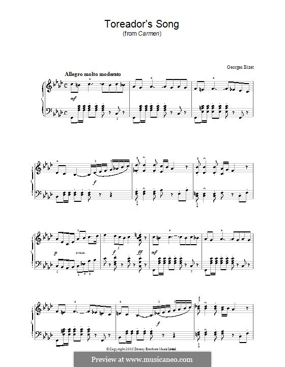 Toreador's Song: For piano (F Minor) by Georges Bizet