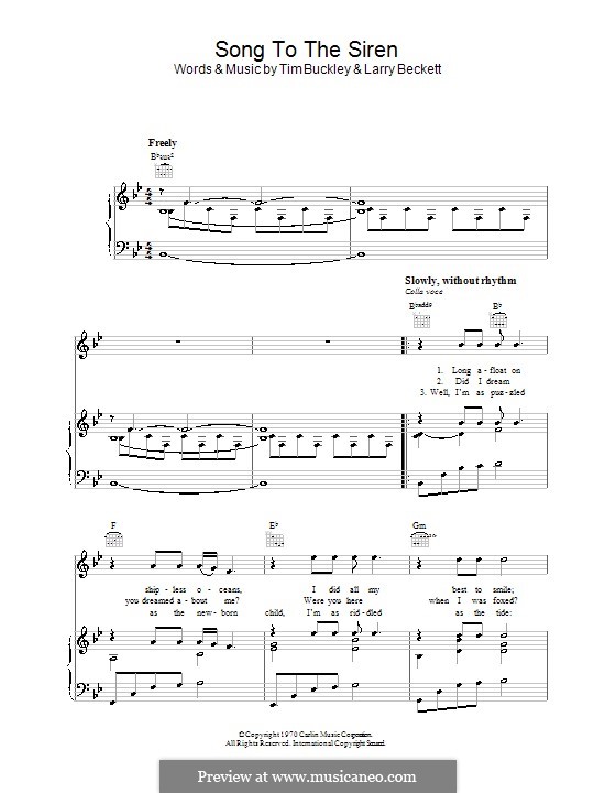 Song to the Siren (Tim Buckley): For voice and piano (or guitar) by Larry Beckett