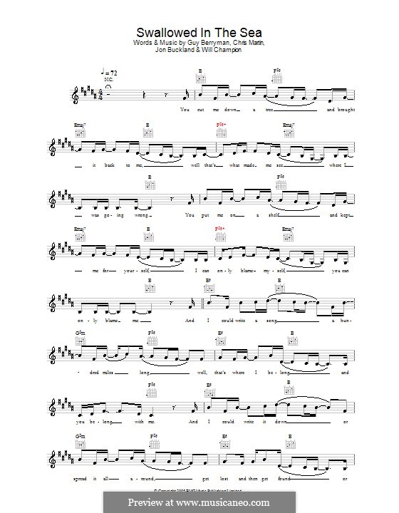 Swallowed in the Sea (Coldplay): Melody line, lyrics and chords by Chris Martin, Guy Berryman, Jonny Buckland, Will Champion