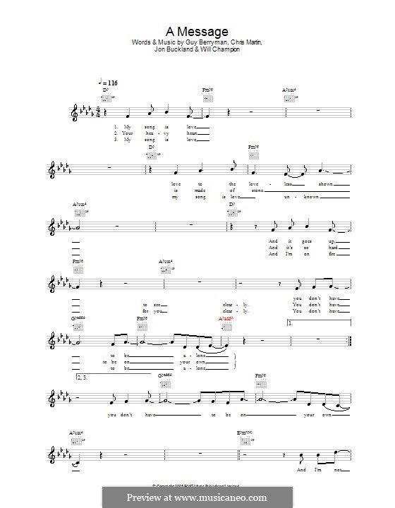 A Message (Coldplay): Melody line, lyrics and chords by Chris Martin, Guy Berryman, Jonny Buckland, Will Champion
