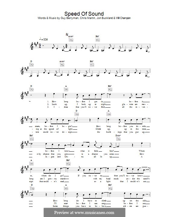 Speed of Sound (Coldplay): Melody line, lyrics and chords by Chris Martin, Guy Berryman, Jonny Buckland, Will Champion