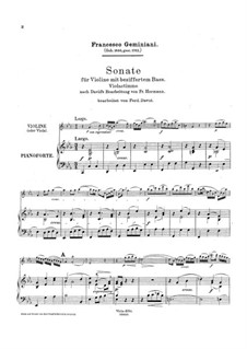 Sonata for Violin and Basso Continuo in C Minor: Version for violin (or viola) and piano – score and part by Francesco Geminiani