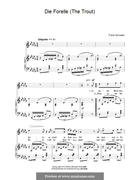 Quintet for Strings and Piano 'The Trout', D.667 Op.114: Movement IV (Theme). For voice and piano by Franz Schubert