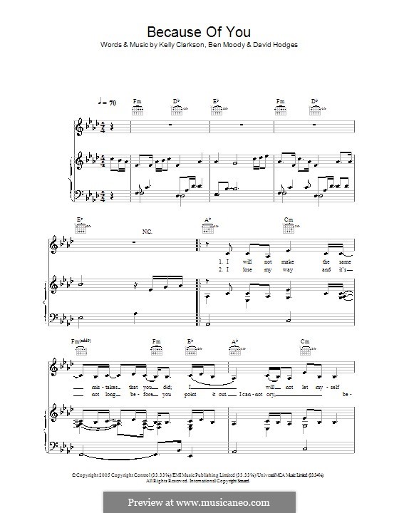 Because of You: For voice and piano (or guitar) by Ben Moody, David Hodges, Kelly Clarkson