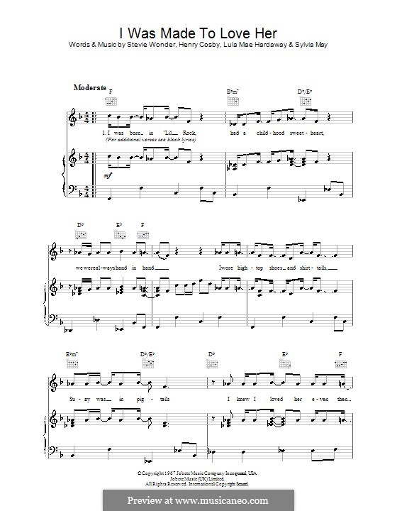I Was Made to Love Her (Stevie Wonder): For voice and piano (or guitar) by Henry Cosby, Lula Mae Hardaway, Sylvia Moy