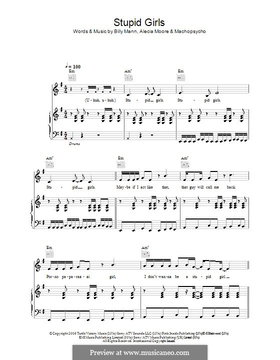 Stupid Girls (Pink): For voice and piano (or guitar) by Alecia Moore, Billy Mann, Niklas Olovson, Robin Lynch