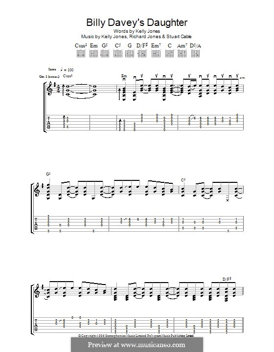 Billy Davey's Daughter (Stereophonics): For guitar with tab by Kelly Jones, Richard Jones, Stuart Cable