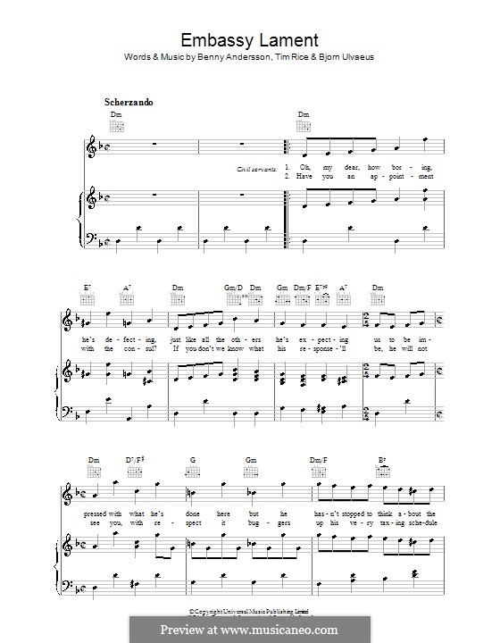 Embassy Lament (from Chess): For voice and piano (or guitar) by Benny Andersson, Björn Ulvaeus