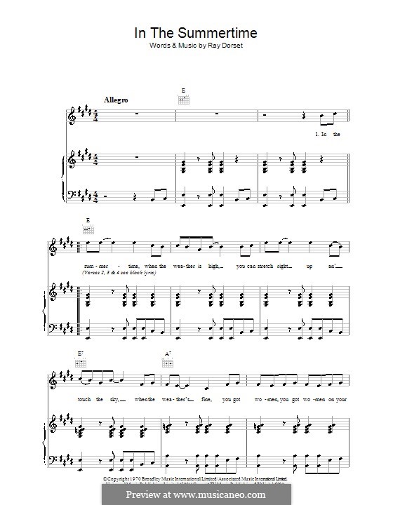 In the Summertime (Mungo Jerry): For voice and piano (or guitar) by Ray Dorset