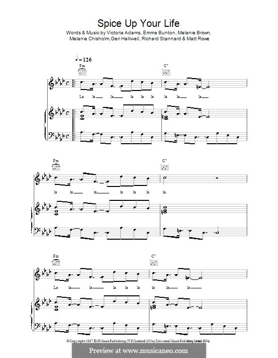 Spice Up Your Life (The Spice Girls): For voice and piano (or guitar) by Emma Bunton, Geri Halliwell, Matt Rowe, Melanie Brown, Melanie C, Richard Stannard, Victoria Adams