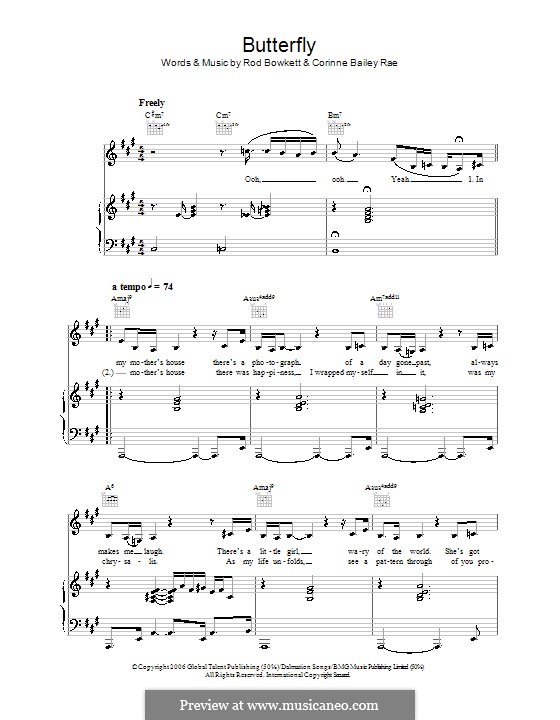 Butterfly (Corinne Bailey Rae): For voice and piano (or guitar) by Rod Bowkett