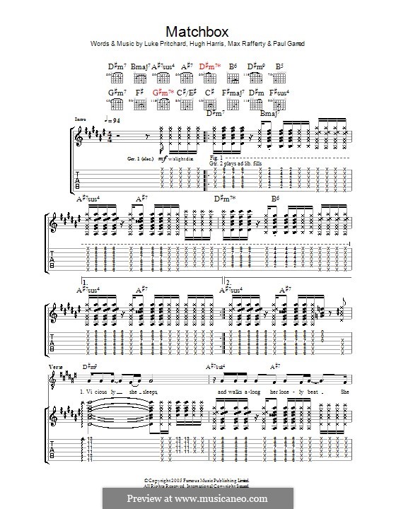 Matchbox (The Kooks): For guitar with tab by Hugh Harris, Luke Pritchard, Max Rafferty, Paul Garred