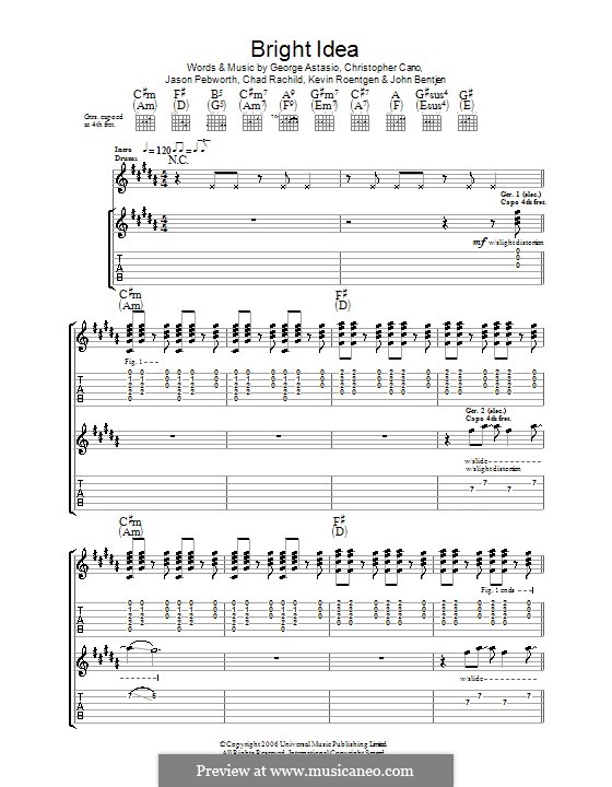 Bright Idea (Orson): For guitar with tab by Chad Rachild, Christopher Cano, George Astasio, Jason Pebworth, John Bentjen, Kevin Roentgen