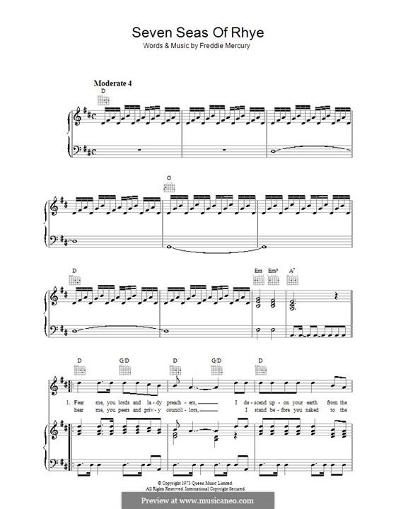 Seven Seas of Rhye (Queen): For voice and piano or guitar by Freddie Mercury