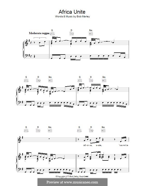 Africa Unite: For voice and piano (or guitar) by Bob Marley